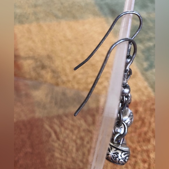 Boho french wire silver tone and blue etched bead hanging earrings - Picture 4 of 9